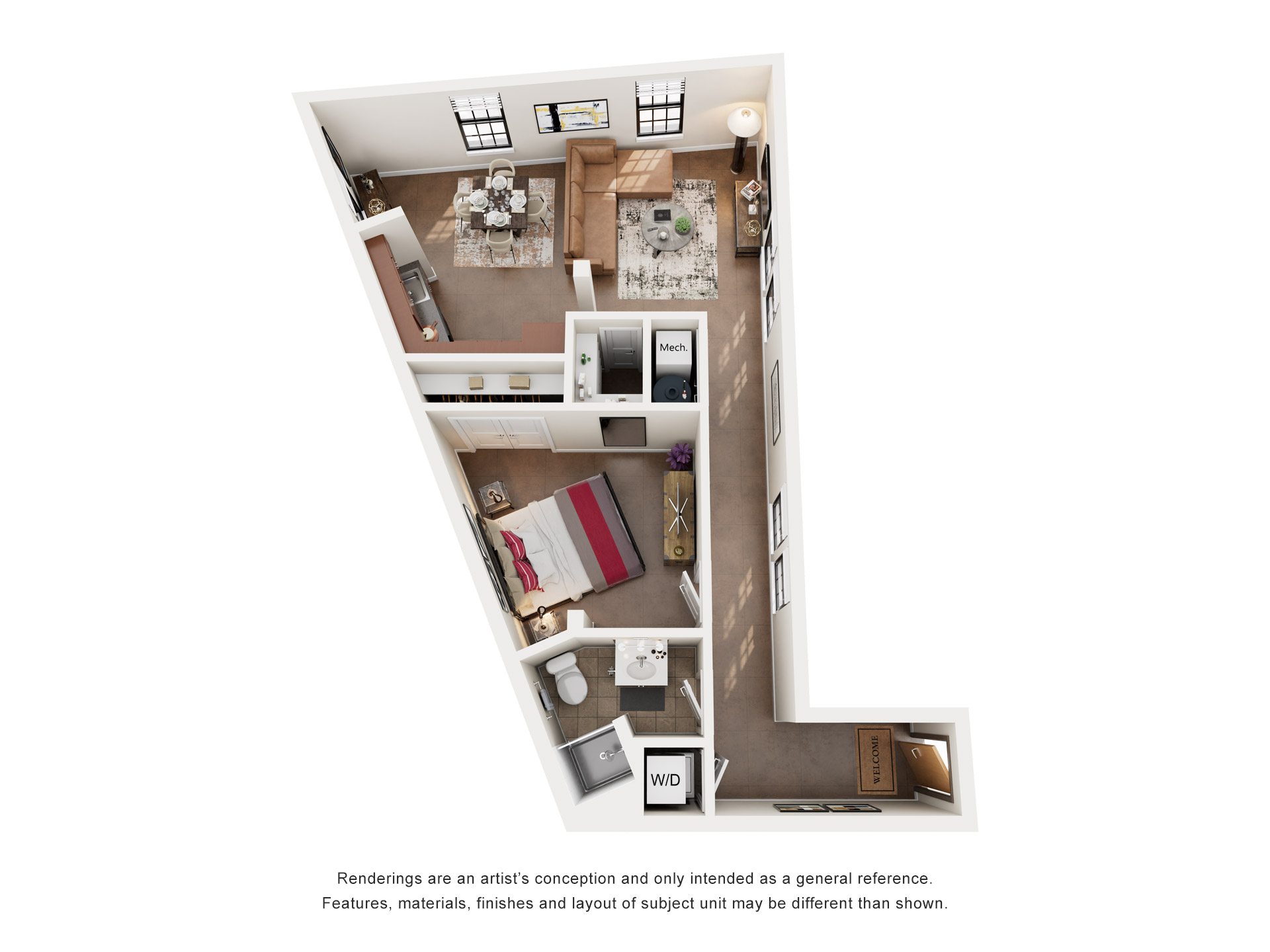 Floor plan for 1 bed, 1 bath, 688 sqft